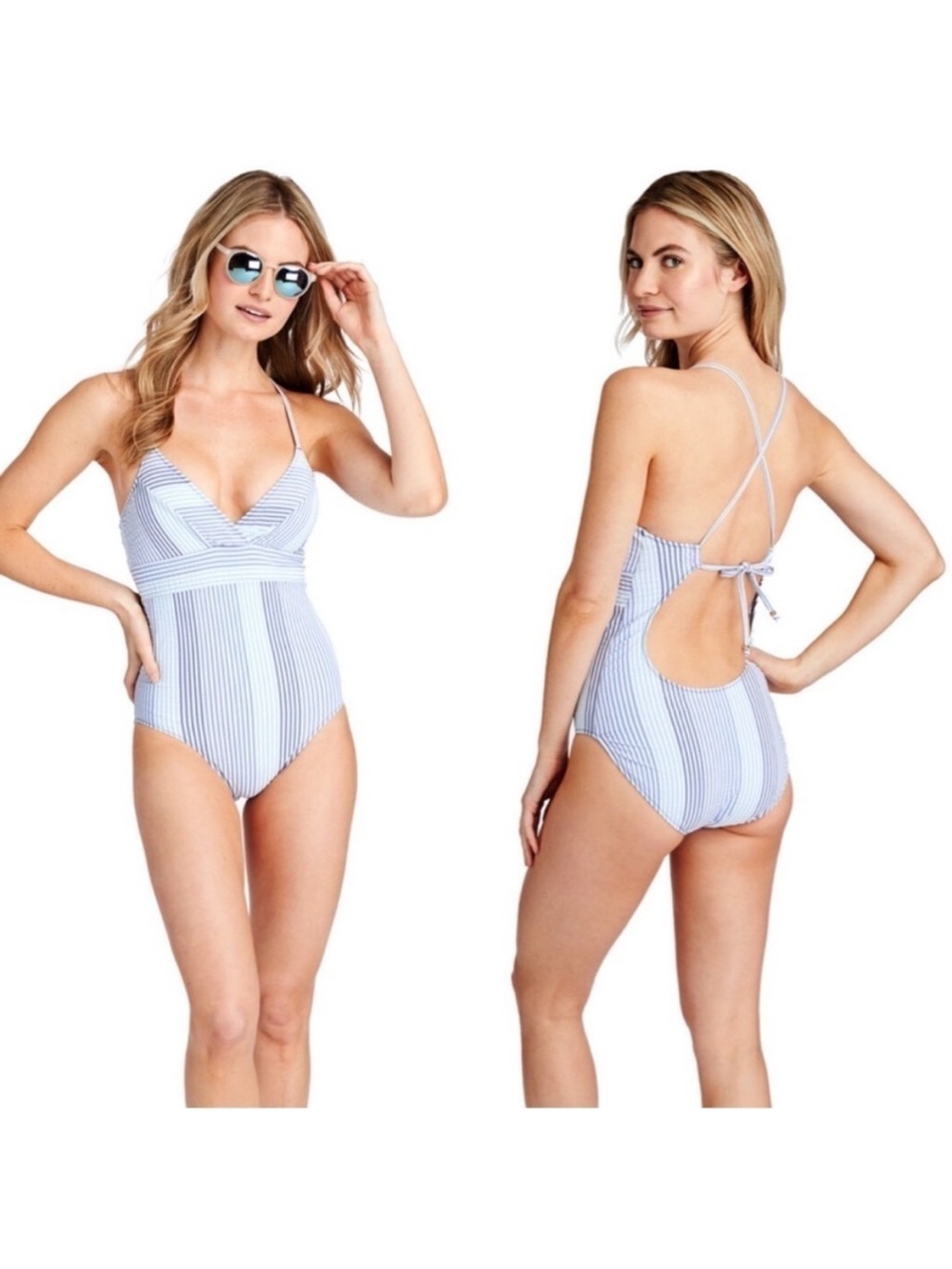 Vineyard Vines Seersucker Sconset One Piece Swimsuit Blue White Stripe Large